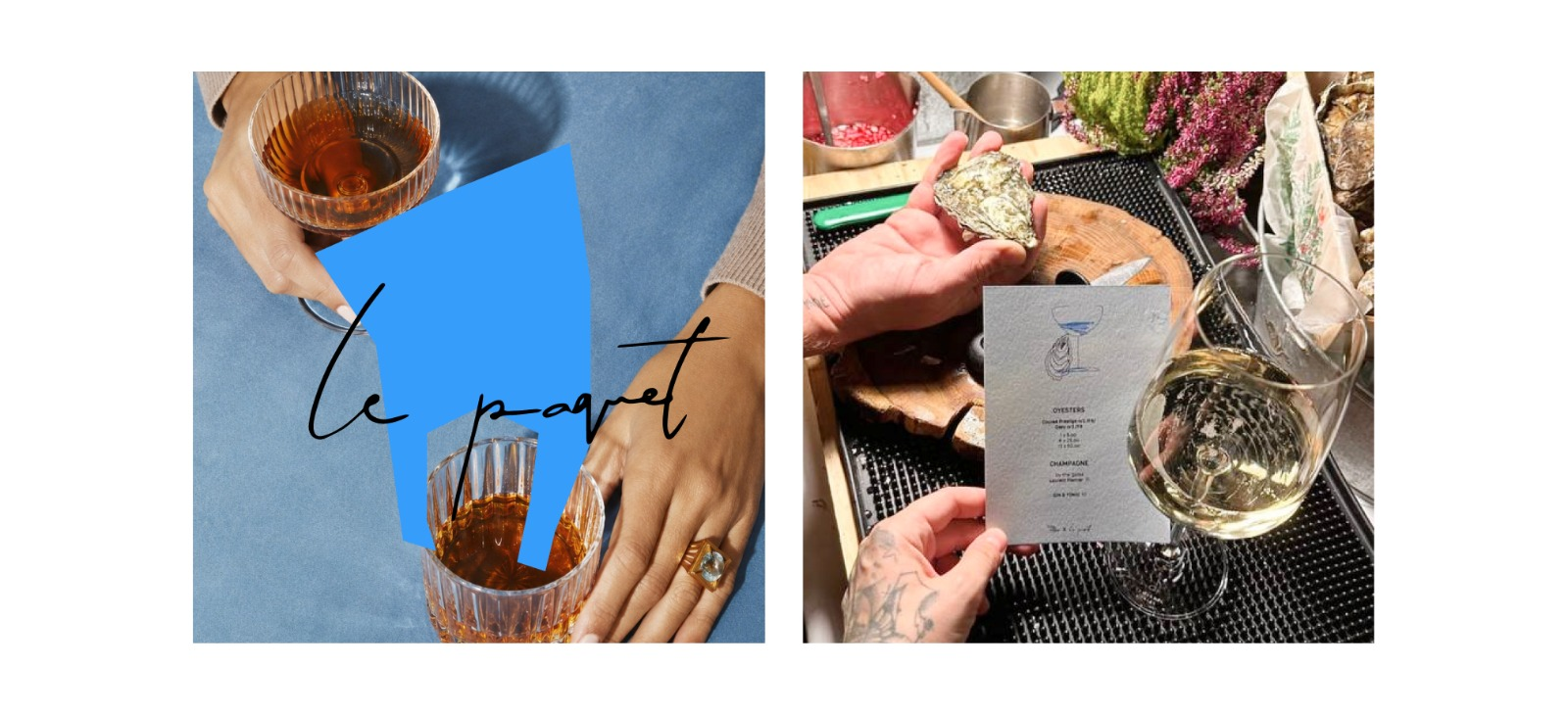 LE PAQUET identity on cocktail photography and a printed bar menu