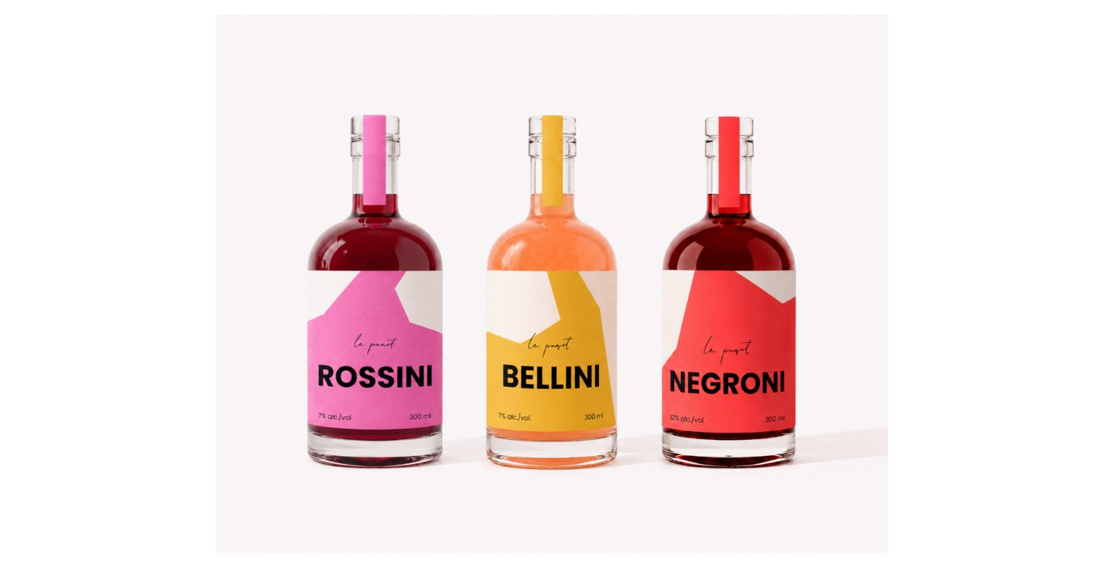 Rossini, Bellini and Negroni bottles with pink, yellow and red LE PAQUET labels