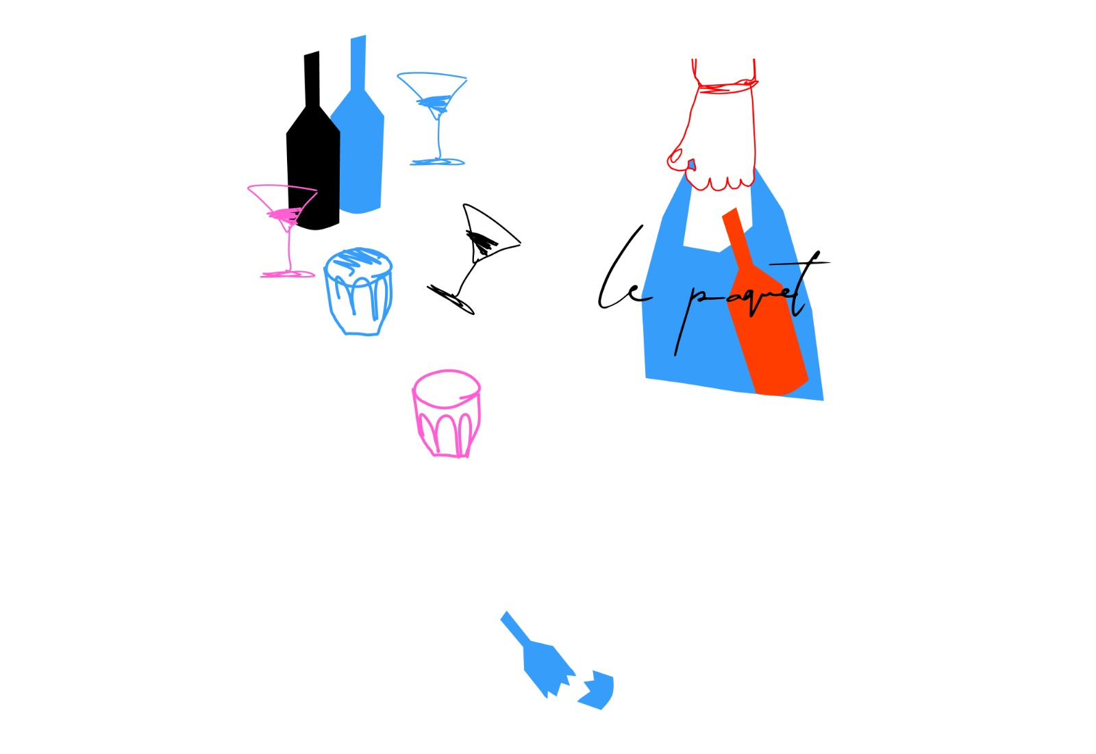 Playful hand-drawn cocktail glasses, bottles and a blue geometric bag